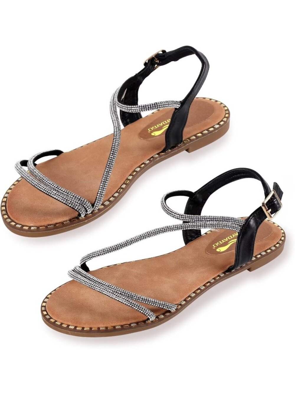 Women's Black Summer Sparkle Rhinestone Back Elastic Ankle Strap Flat Sandals